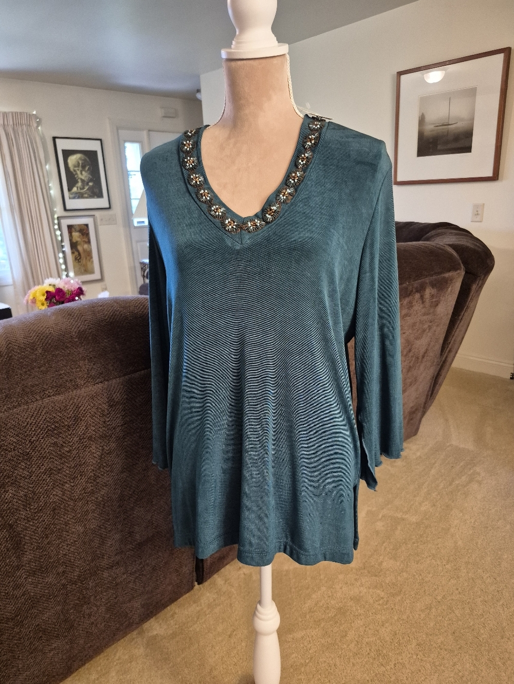 NWT Coldwater Creek Beaded Green Lettuce Sleeve Women’s Top Size Large